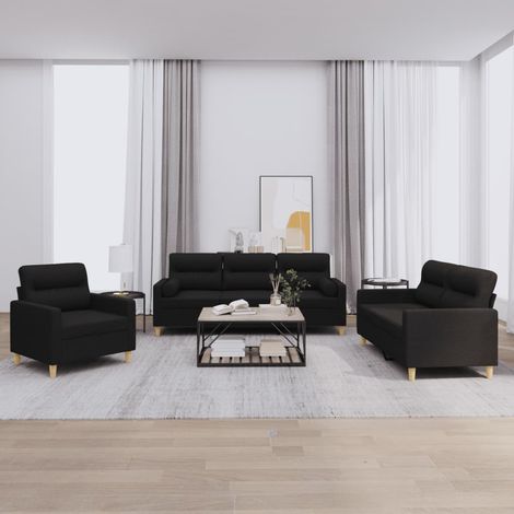 Ensemble de canapés 3 pièces noir en tissu avec fauteuil, canapé 2 et 3 places et coussins - PANGIVO (1/5)