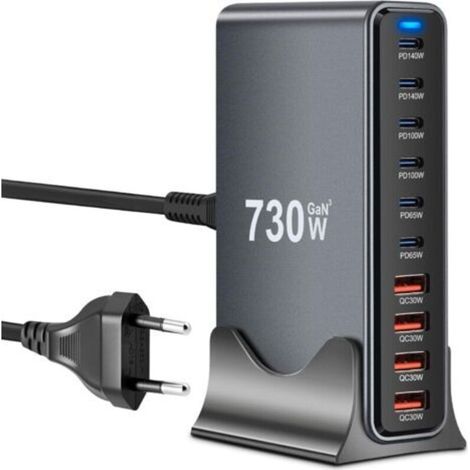 GaN III 730W USB-C-Ladegerät mit 10 Anschlüssen, GaN III USB-Schnellladegerät mit 6 USB-C- und 4 USB-A-Anschlüssen, Power Delivery, USB-C-Ladestation für MacBook Pro/Air, iPhone, iPad, Samsung Plus