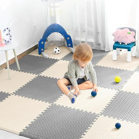 Puzzle Tapis Mousse Bebe, Tapis Puzzle Bebe 20 pièces, Tapis de Jeu pour Enfants, Doux Antidérapant, Carreaux de Sol emboîtables pour Enfants, Couleur de Gris et Blanc 30 30 1cm (1/5)