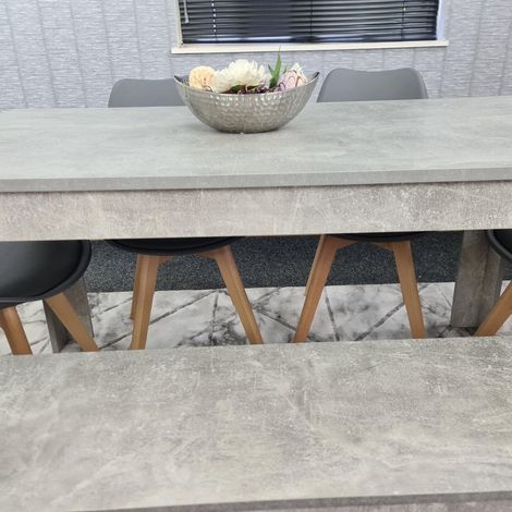 Dining Table and 4 Chairs With Bench Stone Grey Effect Wood Table 4 Grey Plastic Leather Chairs Dining Room (1/5)