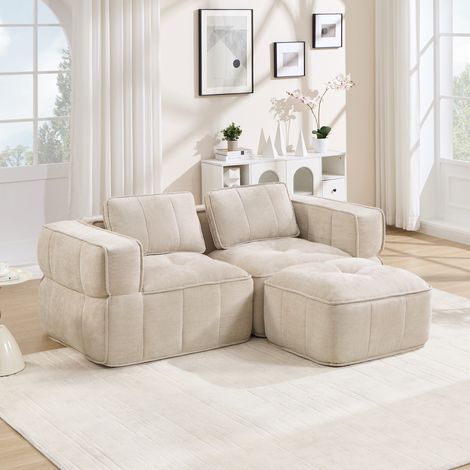 Canapé d’angle modulable 2 places avec pouf, canapé en L en tissu avec assise épaisse et modules séparables pour salon Beige crème, 198 x 162 x 67 cm (1/5)