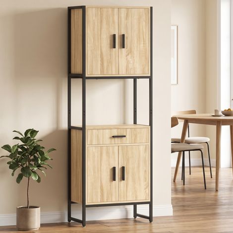 Buffet Haut Cuisine, Armoire de Cuisine, 4 Portes à Fermeture Douce, Tiroir, Plan de Travail, 60x30x170cm, Bois Naturel (1/5)