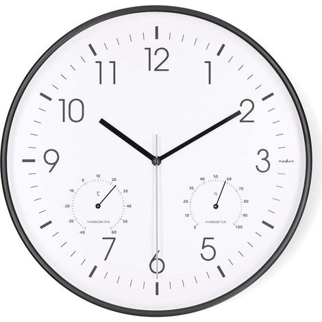 Nedis Wanduhr / Durchmesser: 300 mm / Kunststoff / Leise Bewegung / Thermometer (Temperatur) / Hygrometer / Schwarz / Weiss