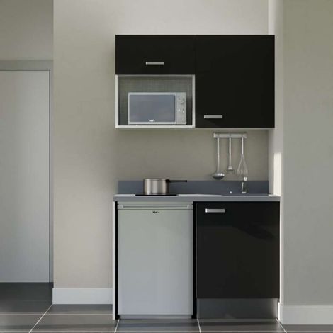 Kitchenette K07L - 120 cm - plan monobloc évier intégré Cromo- évier à droite - Façades Noir + Electroménager inclus coloris Inox (1/5)