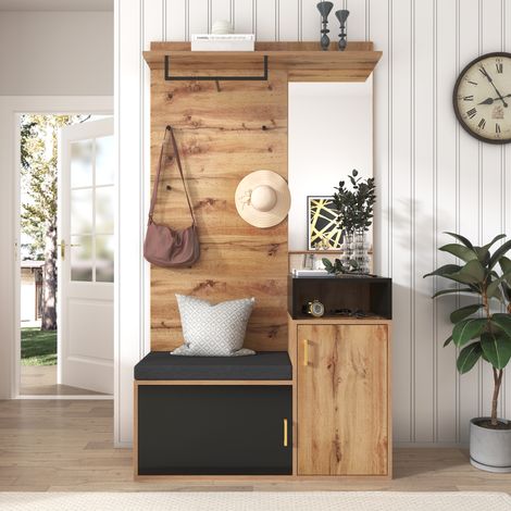 Garderobenset mit 4 Kleiderhaken, Spiegel, Schuhschrank und Sitzbank, Wandgarderobe mit oberem Ablagefach, zur Wandmontage