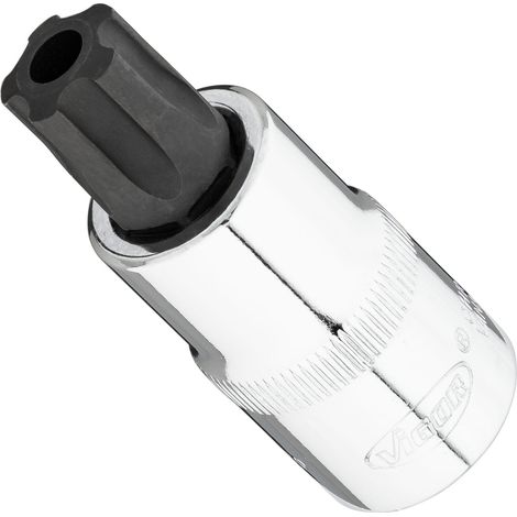 VIGOR Schraubendrehereinsatz, 1/2 (12,5 mm) Vierkant hohl, Innenprofil mit 5 abgerundeten Flanken, mit Stirnlochbohrung (TORX-ähnlich), SW T60+H (1/2)