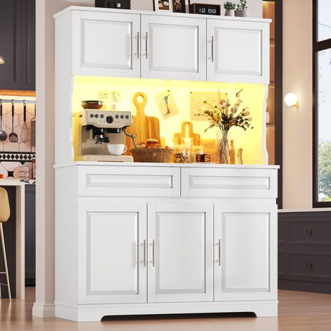 Credenza alta in MDF bianco 108x40x180 cm con ripiani regolabili, piano di lavoro e LED con controllo tramite app (1/5)