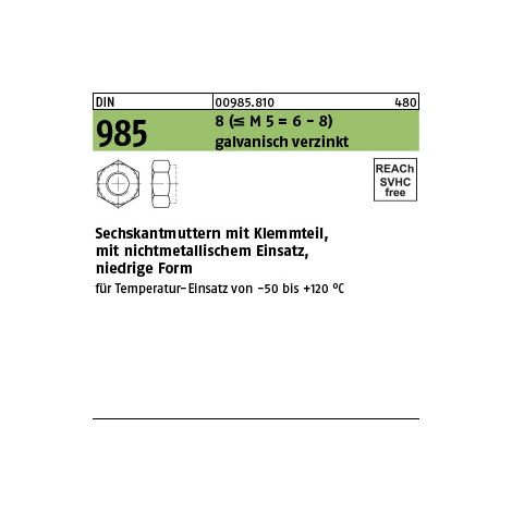Selbstsichernde Sechskantmutter DIN 985 M 33 x 3,5 Stahl galvanisch verzinkt 10 Stk (1/3)