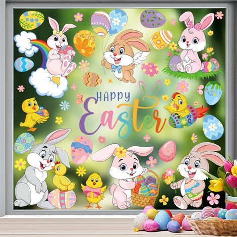 Décoration Fenêtre Pâques – Stickers Autocollants Lapin, Œufs et Poussins 9 Pièces, Réutilisable pour Chambre et Maison,F14 (1/5)