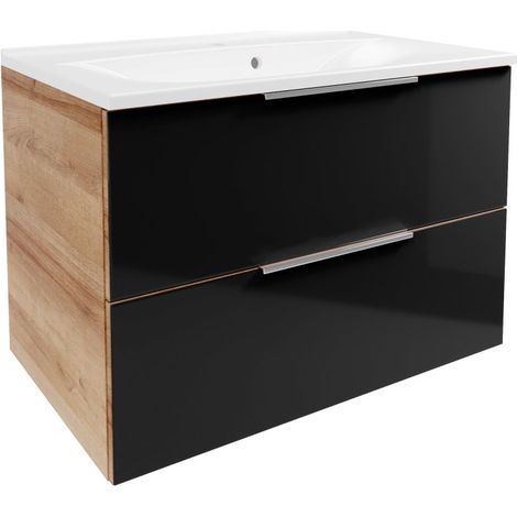 Fackelmann B.Brillant Waschbeckenunterschrank – inklusive weißem Waschbecken aus Gussmarmor – Hängend und Front aus lackiertem Glas – Badschrank in Anthrazit & Eiche"-"84017 (1/5)