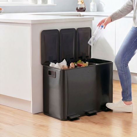 Poubelle à 3 compartiments de 15 L, couvercle désodorisant, anti-traces de doigts, fermeture amortie, amovible, noire (1/5)