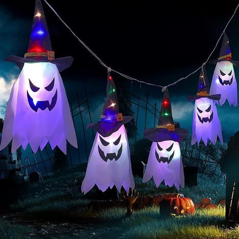 Décoration d'Halloween en plein air, paquet de 5 guirlandes lumineuses de chapeau de sorcière d'Halloween lumières LED de jardin (sans piles) accessoires de fête d'Halloween de jardin de porche d (1/5)