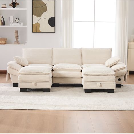 Sofá modular de 3 plazas con 2 pufs, USB-C, bolsillos laterales, beige HAVRYA (1/5)