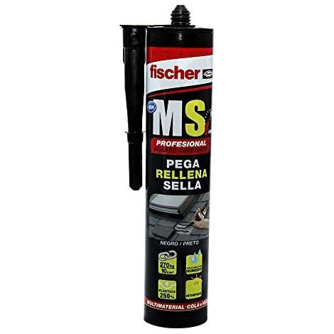 fischer - Solución Total Profesional 300kg Pegamento fuerte Adhesivo y Sellante MS Polímero Uso Interior y Exterior Pintable y Resistente a Impactos 290ml Negro (1/5)