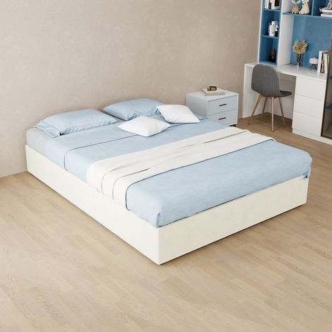 Cadre de lit moderne minimaliste 140x200 cm, beige, velours hollandais, avec vérins à gaz, meuble de chambre contemporain sans tête de lit, livré sans sommier ni matelas. (1/5)