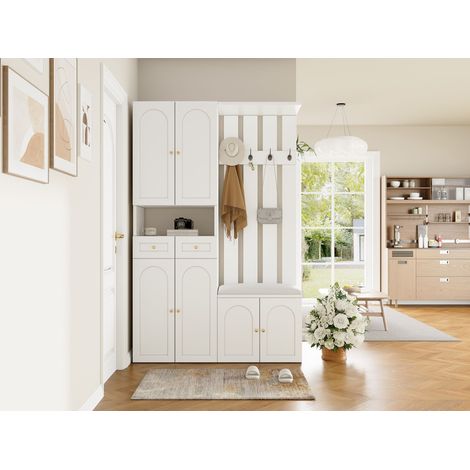 Ensemble de vestiaire d’entrée avec panneau mural – Ensemble avec banc à chaussures, meuble à chaussures, 4 crochets, 6 portes et 2 tiroirs, blanc, dimensions : L110 × H180 × P37 cm
