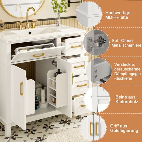 Meuble de salle de bain blanc laqué 90x46x87 cm, armoire sur pieds en bois massif, tiroirs à fermeture silencieuse, poignées dorées rabattables, porte double avec étagère, vasque céramique intégrée. (1/5)
