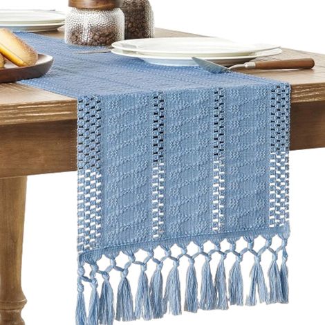 Chemin de table - nappe - Chemin de table bohème - Chemin de table rose - avec pompons noués - Décoration intérieure tissée style ferme - bleu - 30 x 240 cm (1/5)