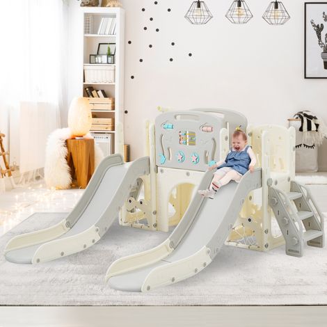Area giochi 8 in 1, con scivolo, tunnel ad arco, canestro da basket e telescopio, doppio scivolo, struttura per arrampicata, in HDPE, adatta per interni ed esterni - Grigio chiaro (1/5)