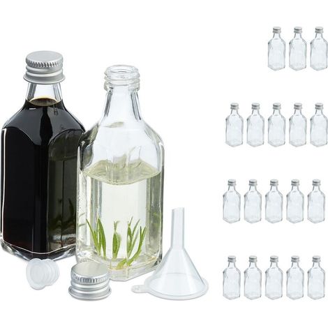Relaxdays Mini bouteilles en verre, lot de 20, petites fioles à remplir, 50 ml, bouchon à vis, transparent/argenté (1/5)