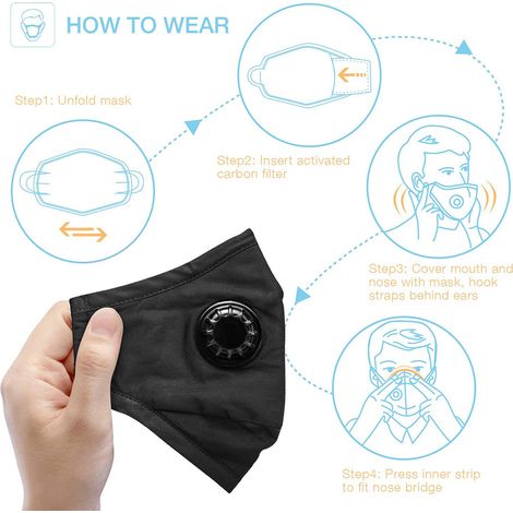 Lot de 2 masques PM2.5 avec 4 filtres, lavables et réutilisables, en coton noir, avec valve respiratoire. (1/5)