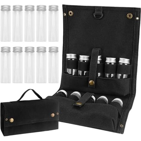 Kit d'épices de camping, 10 pots à épices portables, ensemble sel et poivre de voyage avec sac de rangement noir, flacons d'assaisonnement portables pour les voyages, le camping, les barbecues et les (1/5)