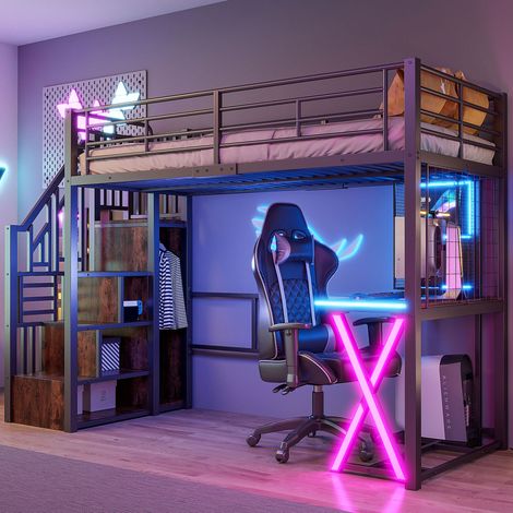 Lit mezzanine moderne en métal noir 90x200 cm avec bureau, armoire, échelle de rangement et LED (1/5)