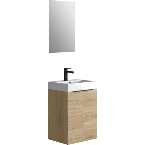 Petit Meuble de Salle de Bain avec lavabo en céramique et Miroir avec Applique LED à Deux Portes, Finition Couleur bardolino, Facile à Assembler, Dimensions : 45 x 60 x 36 cm (1/5)