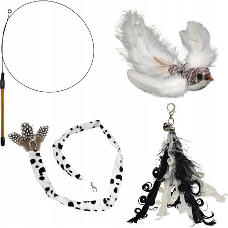 Canne à pêche pour chat, 3 jouets interchangeables avec clochette, plumes d'oiseau, queue, ensemble (1/5)