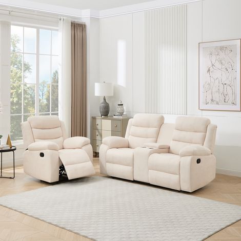BOSTON 1+2 w CONSOLE MANUAL FABRIC RECLINER w DRINKS CONSOLE SOFA SET BEIGE