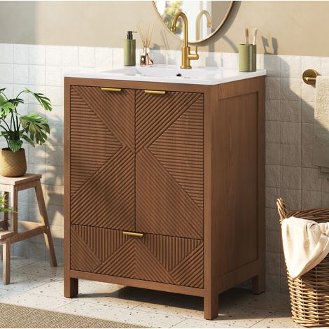 Mobile bagno da terra 61 cm con lavabo in ceramica, texture ondulata, chiusura soft, noce, OKWISH (1/5)