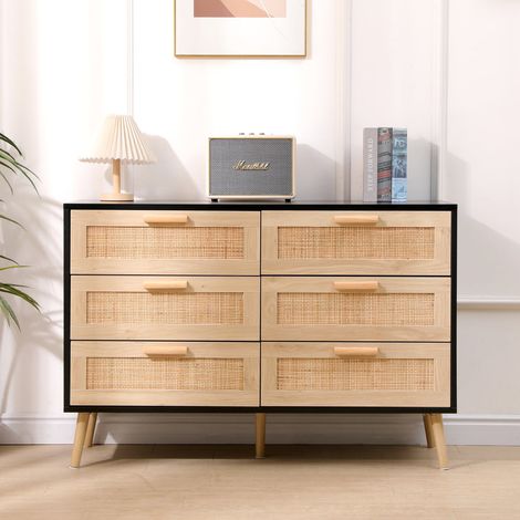 FURNITURE HMD 6 Drawers Rattan Wide Chest,Storage Sideboard Cabinet,Organizer Unit for Bedroom,Living Room,Hallway,Black and Natural (1/5)