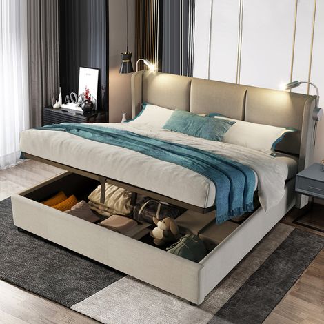Bett mit Stauraum – Bett für Erwachsene aus Leinen + Leselampe mit USB-Ladefunktion + Kopfteil + Lattenrost – 160 x 200 cm Beige (1/5)