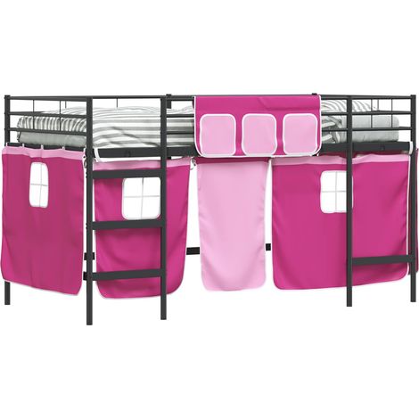 Estructura de Cama Alta para Niños con Cortinas Negro y Rosa vidaXL