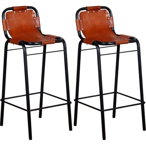Chaise de bar cuir véritable marron et métal noir Sopra - Lot de 2 (1/5)