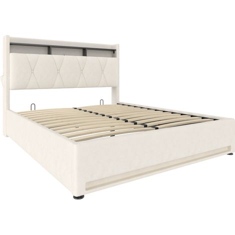 Cama canapé tapizada 140 x 200 cm beige con LED, USB Type-C y almacenaje (1/5)