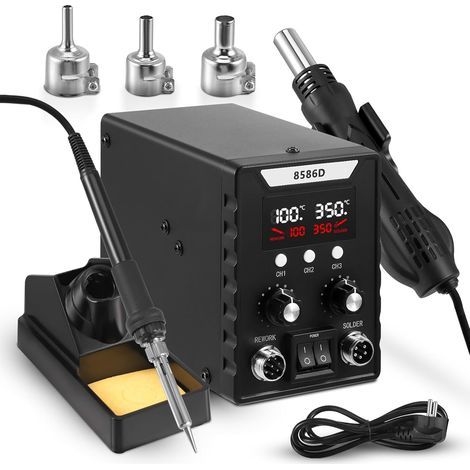 Soldeerstation, soldeerboutstation, 2-in-1 met instelbare temperatuur van 100-500 °C, instelbare luchthoeveelheid, PID-temperatuurregeling, automatische start/stopfunctie, 3 heteluchtsproeiers