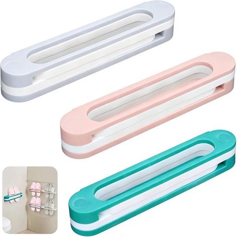 Ensemble de 3 étagères à chaussures murales sans perçage，Porte-chaussons pliable pour la salle de bain，Bleu，rose et gris (30-73 cm) (1/2)