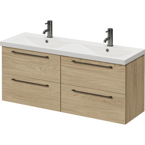 Napoli 390 Light Oak 1200mm Wall Mounted 4 Drawer Vanity Unit with Double Glide Basins - 1200mm - Gunmetal Grey 320mm Handle