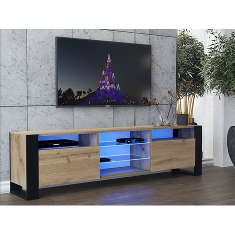 Dusine – Meuble TV 200 cm avec éclairage LED – Chêne mat et porte chêne – Style industriel – Rangement avec niches et étagères vitrées — vue 2