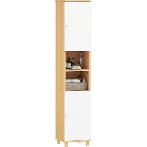 Colonne salle bain 2 placards étagères ouvertes réglables 30x30x166cm blanc bois (1/5)