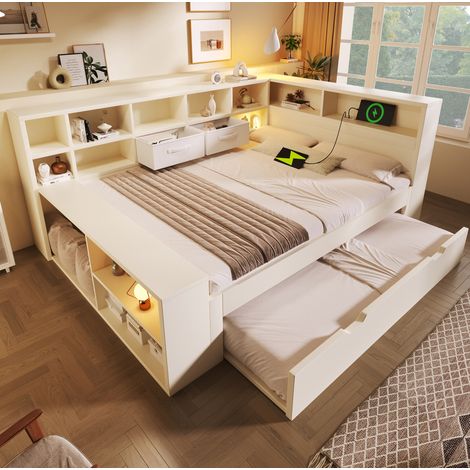 Cama nido 140x200 cm blanca de madera con almacenaje y puertos USB/USB-C (1/5)