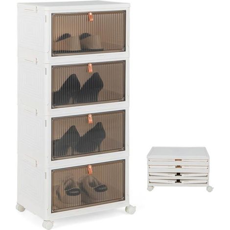 COSTWAY Boîte Rangement Plastique 4 Niveaux, 360° Roulette Verrouillable, Boîte à Chaussures avec Porte Magnétique Transparente