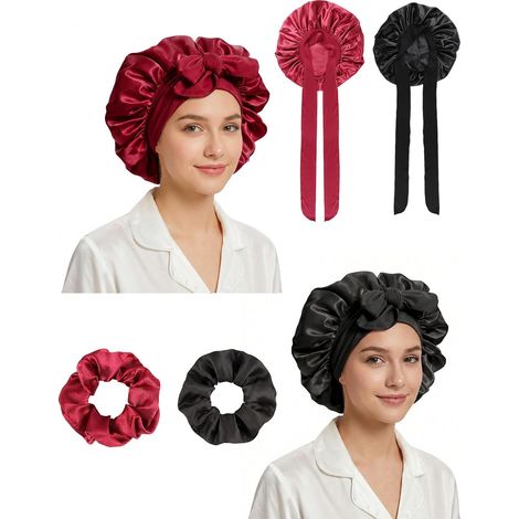 Satin-Hauben – 2er-Set mit Haarband – Weiche, atmungsaktive Baumwolle – Schutz für Nacht und Make-up – Schwarz, Rosa, Burgunderrot (1/5)