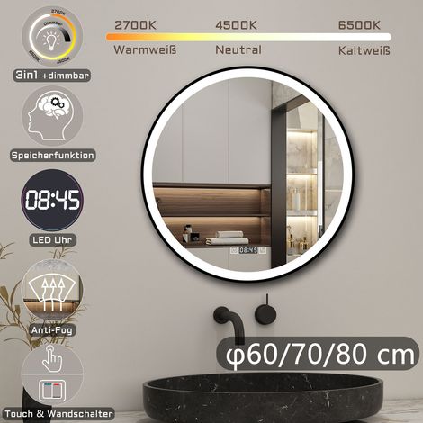 Rund Badspiegel Antibeschlage Badezimmerspiegel mit schwarzem Rahmen Badspiegel mit Beleuchtung, Beschlagfrei+3 Lichtfarben Dimmbar+Memory Funktion 70cm-Uhr (1/5)