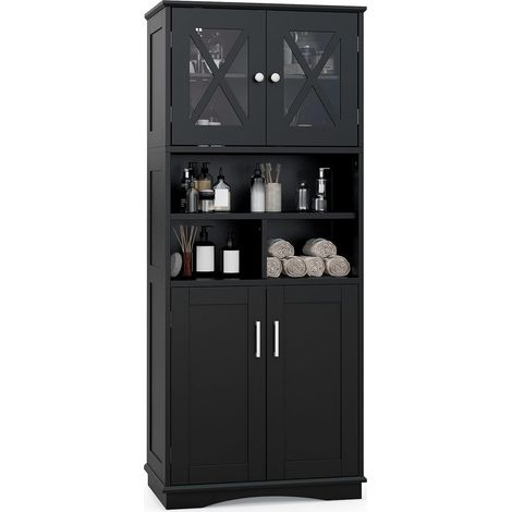 GOPLUS Armoire Haute de Salle de Bain, Armoire de Rangement Autoportante avec 2 Placards à Portes, Étagères Réglables, 3 Étagère Ouvertes, pour Salon, Salle à Manger, 60 x 30 x 145 cm (Noir) (1/5)