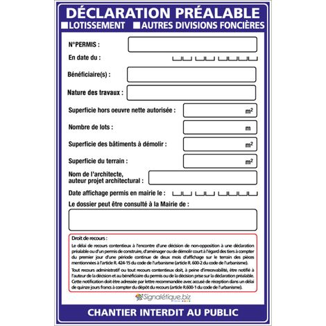 Signaletique.Biz France – Panneau déclaration préalable lotissement 120 x 80 cm – Support Akilux 3,5 mm – Marqueur noir inclus – Affichage réglementaire (1/5)
