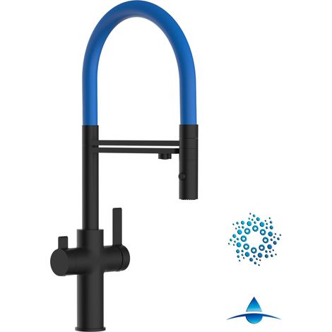 Rubinetto 4 vie miscelatore cucina Nero Opaco con canale separato per acqua filtrata, canna blu movibile e doccia due getti staccabile - Serie FC (1/5)