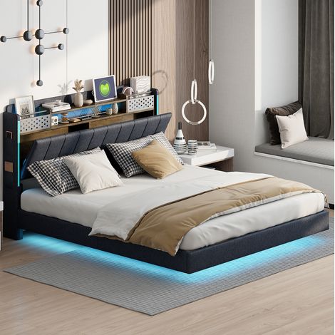 Letto imbottito moderno 160x200 cm grigio, con testiera contenitore, USB, LED e rete a doghe (1/5)