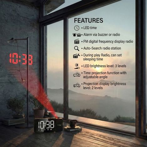 Radio despertador digital LED con proyector GreenBlue, radio FM, alarma, reloj 12/24, alimentación USB 5V DC + CR2032, GB172 (1/3)